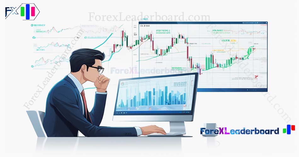 71 business man watching computer screen forex chart on wall screen futuristic sci fi background vec1