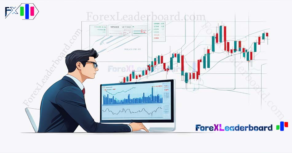 74 business man watching computer screen forex chart on wall screen futuristic sci fi background vec1