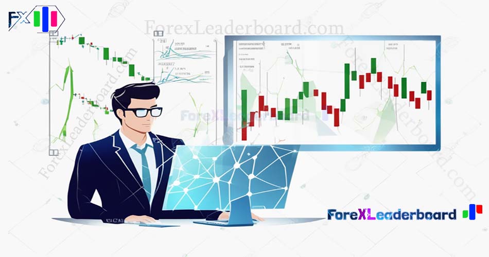 77 business man watching computer screen forex chart on wall screen futuristic sci fi background vec