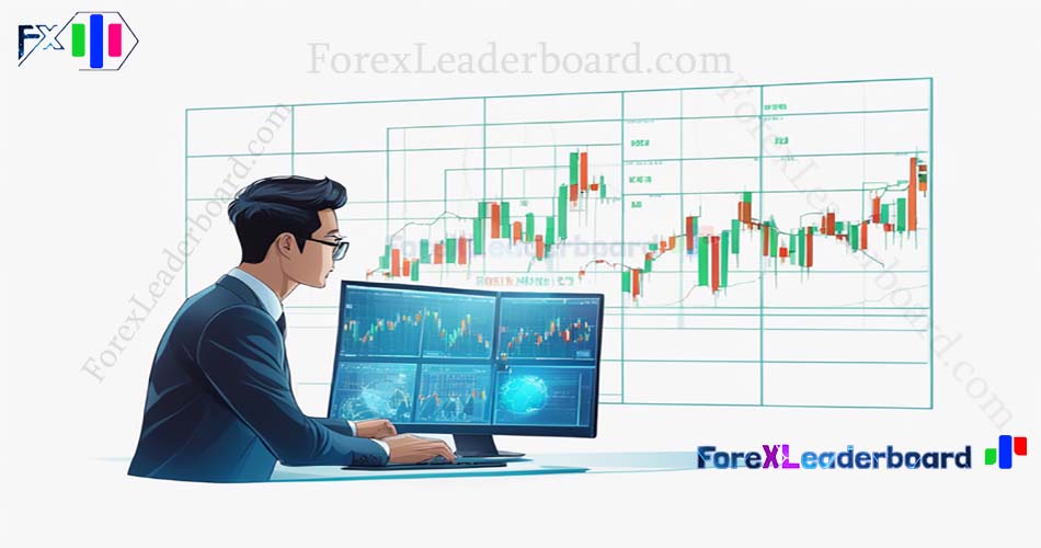 80 business man watching computer screen forex chart on wall screen futuristic sci fi background vec1