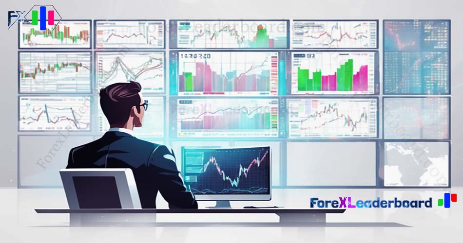 85 business man watching computer screen forex chart on wall screen futuristic sci fi background vec1
