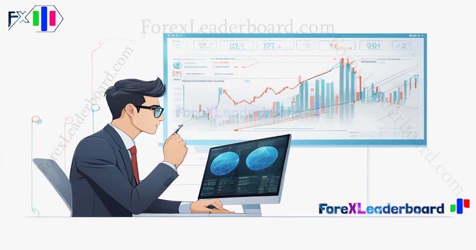 95 business man watching computer screen forex chart on wall screen futuristic sci fi background vec1