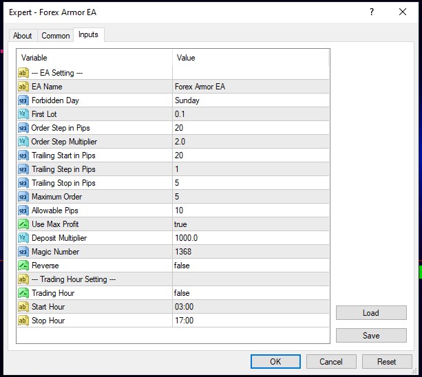 forex armor ea settings