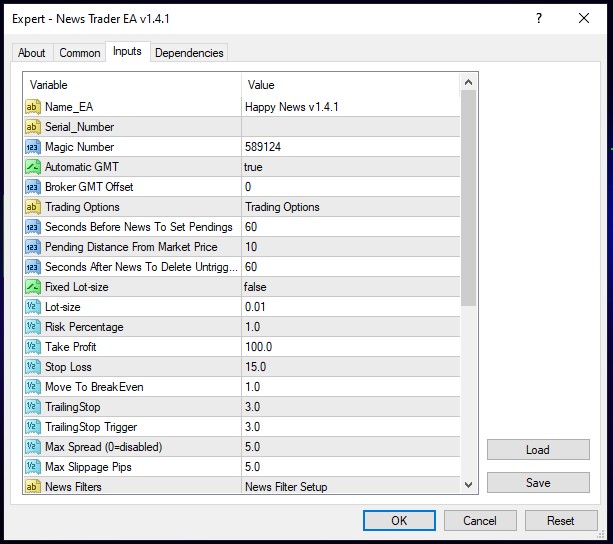 news trader ea settings
