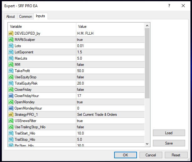 srf pro ea settings